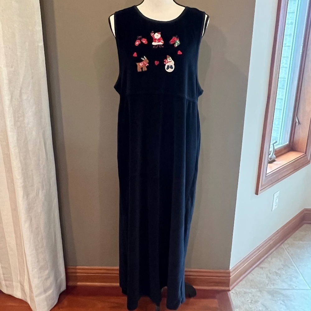 Vintage Erika Christmas Santa Snowman Embroidered Black Velvet Dress, Size Large